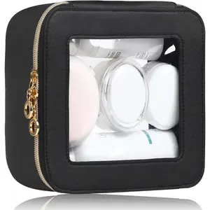 Small Clear Makeup Bag for Purse, Cute Mini Clear  Bag Case Organizer, TSA Approved Square Small Makeup Case Pouch with Zipper,  Travel Purse Essentials for Women (Black,S)