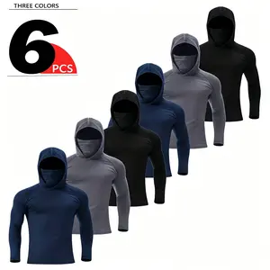 6-piece men's all-day sun protection hoodie set with integrated mask, quick-drying and breathable long sleeves, suitable for construction site work and fishing