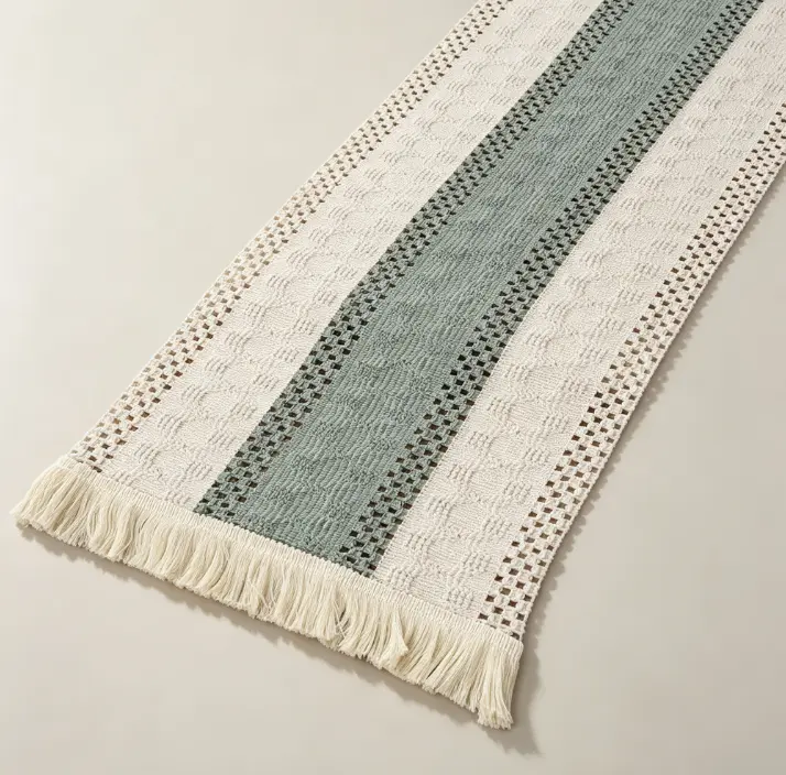 Farmhouse Style Table Runner - Beige Cotton Kitchen Linens with Lace Edge, Woven Fringe, Home House Decor for Rustic Dining Room & Special Occasions
