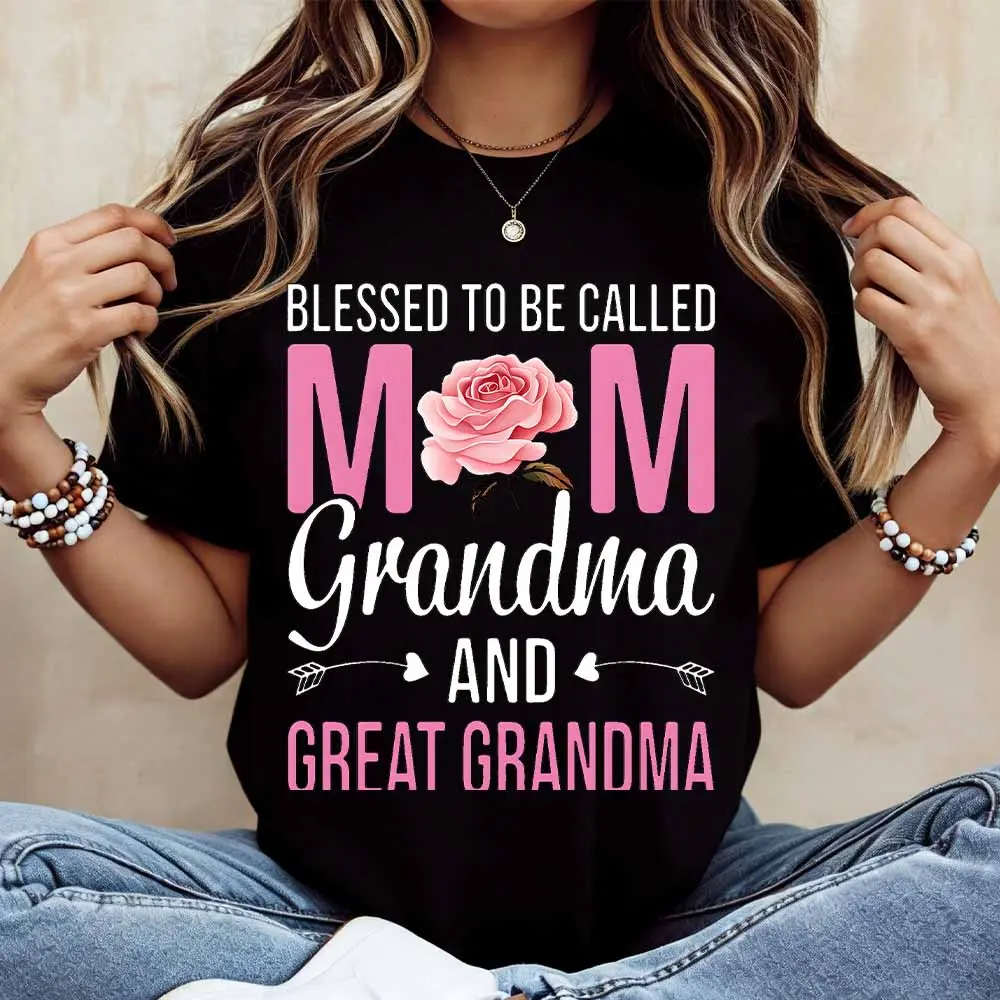 Blessed To Be Called Mom Grandma And Great Grandma Rose Print Tshirt  Crewneck Casual Women's Top Mother's Day Gift