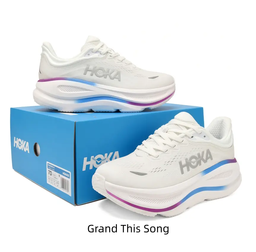 Clean off-white low-top running sneakers with signature curved thick cushion. Airy perforated mesh construction, gradient blue-purple midsole decoration, creating soft romantic urban sport aesthetics.