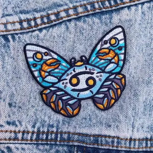Cancer Zodiac Moth, Embroidered Patch - Astrology Butterfly Star Signs - Iron on Patch - Botanical, Boho, Nature - Jackets, Accessories, Backpack - 100% Embroidery, Detailed, Original Design - Water Sign, Crab
