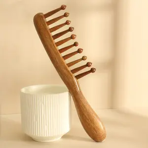 Natural Wooden Wide Tooth Comb, Hair Styling Comb, Scalp Massage Comb, Heatless Styling Tool For Women & Men