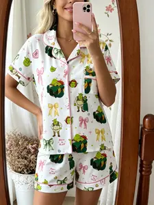 Funny Monster Couple Pajamas Set, Women's Fantasy Skin Bow Neck Home Wear, Short Sleeve Shorts Two Piece Sleepwear, Casual Party Dress