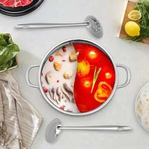 Hot Pot Shabu Pot with Double Sided Divider, Stainless Steel Stockpot Soup Cookware with Spoon Kitchen Cooking Tool (32CM/28CM)