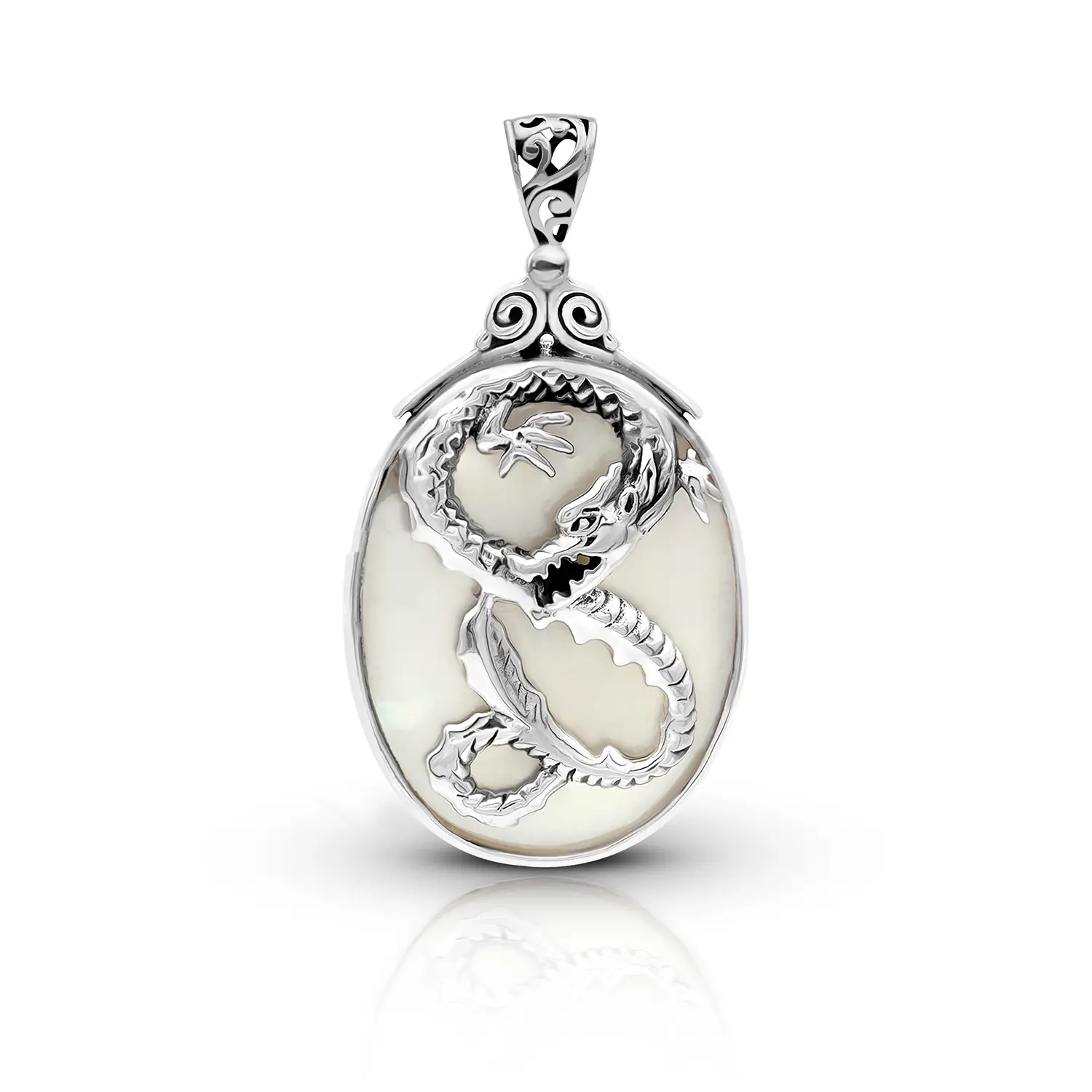 Bali Artisan Dragon Sterling Silver Pendant with Mother of Pearl