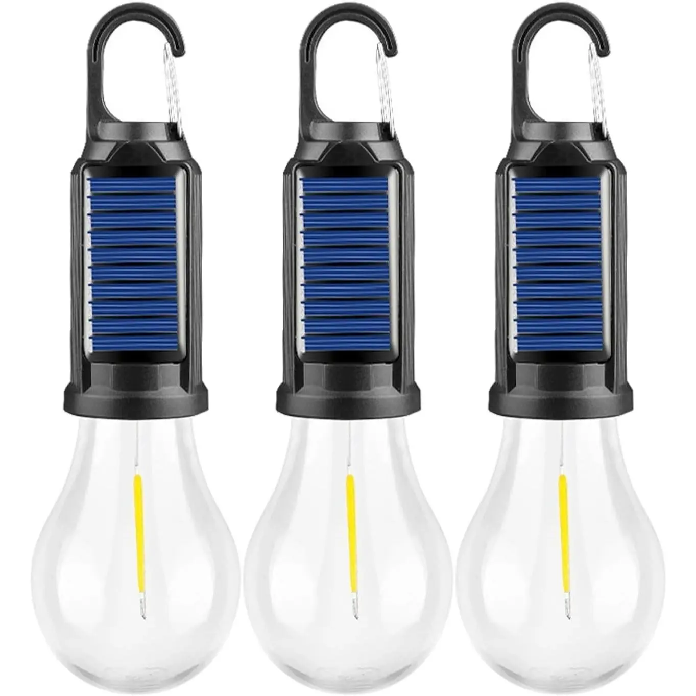 3-Pack Durable Solar Rechargeable LED Tent Bulbs with Batteries, Waterproof Outdoor Emergency Lanterns, Hands-Free Clip Hook Hanging Lamps for Hiking, Tent Camping