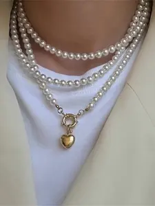 Boho Love Pendant Necklace Women's Multi Layer Gold Color Metal Imitation Pearl Girl Fashion Couple Fashion Jewelry Pearl Chain Necklace Dangling Pearl Necklace