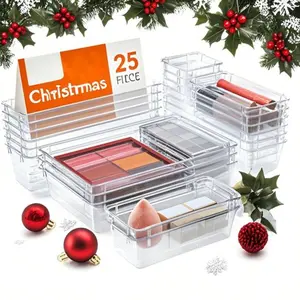 25 Pieces Drawer Organizers, 4 Sizes Makeup Drawer Dividers, Christmas Gift for Her, Transparent Plastic Desktop Drawer Dividers, Used for Storing Cosmetics, Kitchen Utensils, Makeup Supplies, Black Friday Deals for Bathroom/Bedroom Organization, Desktop