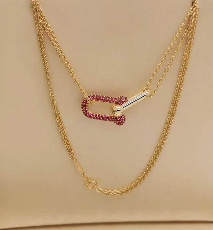 Pre-owned Tiffany & Co. Hardwear 18K Yellow Gold Large Double Chain Link Pendant Necklace with 1.44ct Rubies, 16.93" Chain, Limited Edition of 150 Worldwide