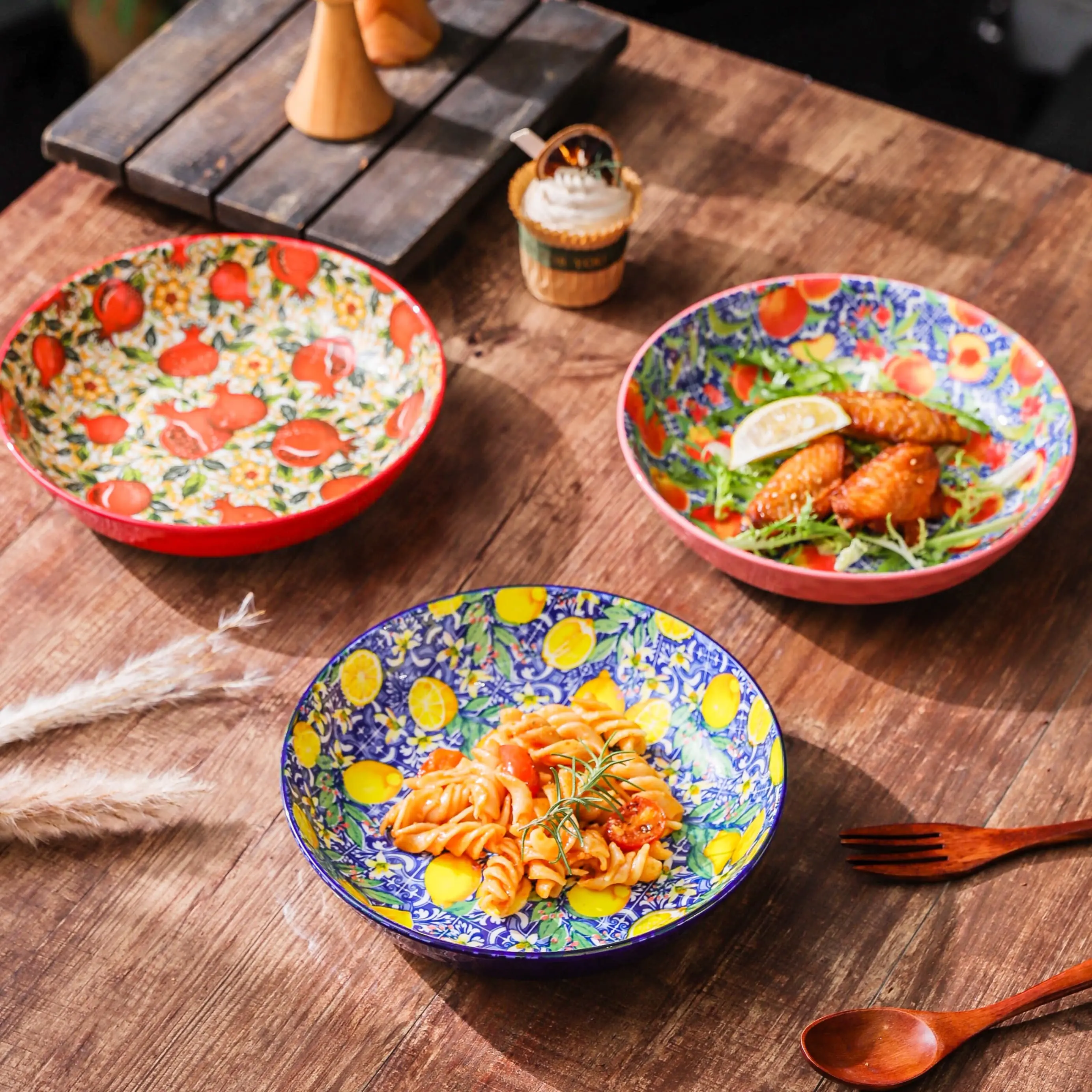 HongDian Mediterranean Fruit Pattern Tableware Series,Optional 8 in Plate,8.5 in Handle Bowl,Lemon Orange Pomegranate Peach Design,Premium Ceramic,SGS Tested Underglaze Fade Resistant,Microwave Dishwasher Oven Sterilizer Safe,Pasta Salad Dessert Serving