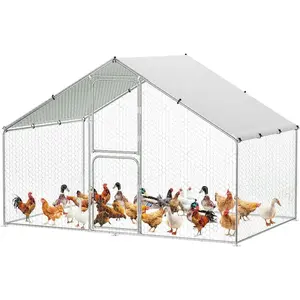 Chicken Coop Run, Large Walk-in Metal with Waterproof UV-Resistant Cover, Lockable Doors, Heavy-Duty Galvanized Steel Poultry Cage for Outdoor Backyard.