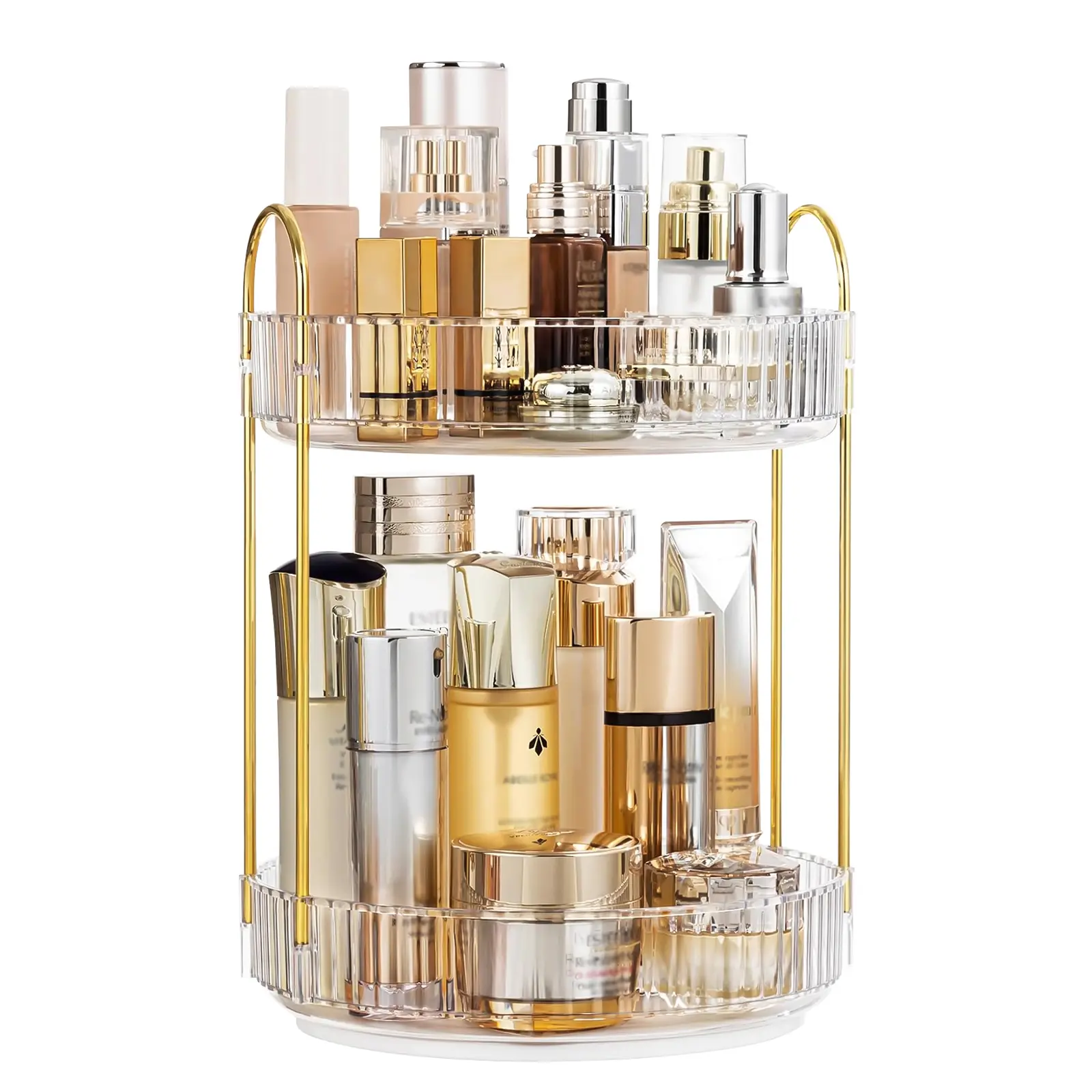 Multifunctional Modern Transparent Metal Double-Layer Spinning Organizer with Removable Trays, 9.05x9.05x18.07 in Durable Countertop Storage for Kitchen Utensils & Cosmetics, Elegant Space Solution