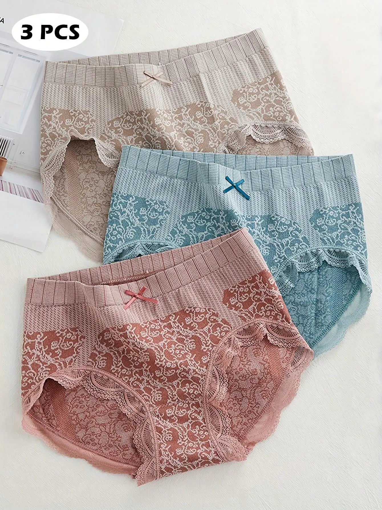 3pcs Women High Elasticity Triangle Panties With Multi-Colored Floral Pattern And Lace Trim Comfortable & Breathable Christmas 2024 solid color sexy comfortable soft comfy breathable comfortable Seamless Hipster casual soft