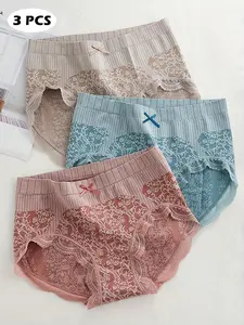 3pcs Women High Elasticity Triangle Panties With Multi-Colored Floral Pattern And Lace Trim Comfortable & Breathable Christmas 2024 solid color sexy comfortable soft comfy breathable comfortable Seamless Hipster casual soft