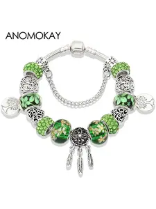 Green Crystal Sakura Leaf Big Hole Bead Bracelet Silver Color Dreamcatcher Heart Flower Life Tree Pendant Charm Bracelet Casual Jewelry Gift