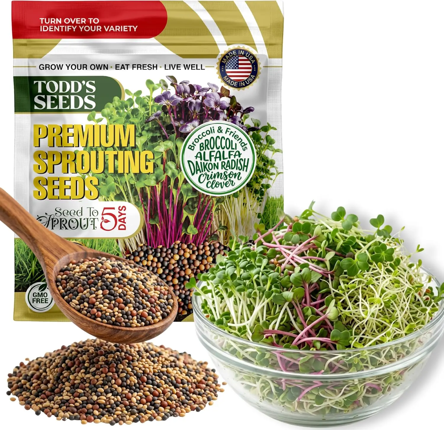 Broccoli & Friends Mix 1/4 lb - Broccoli Alfalfa Radish Clover | Grows 1 1/2 lbs of sprouts in 5 days. Rich in sulforaphane. Chemical free, high germination. No soil or sunlight. Non-GMO