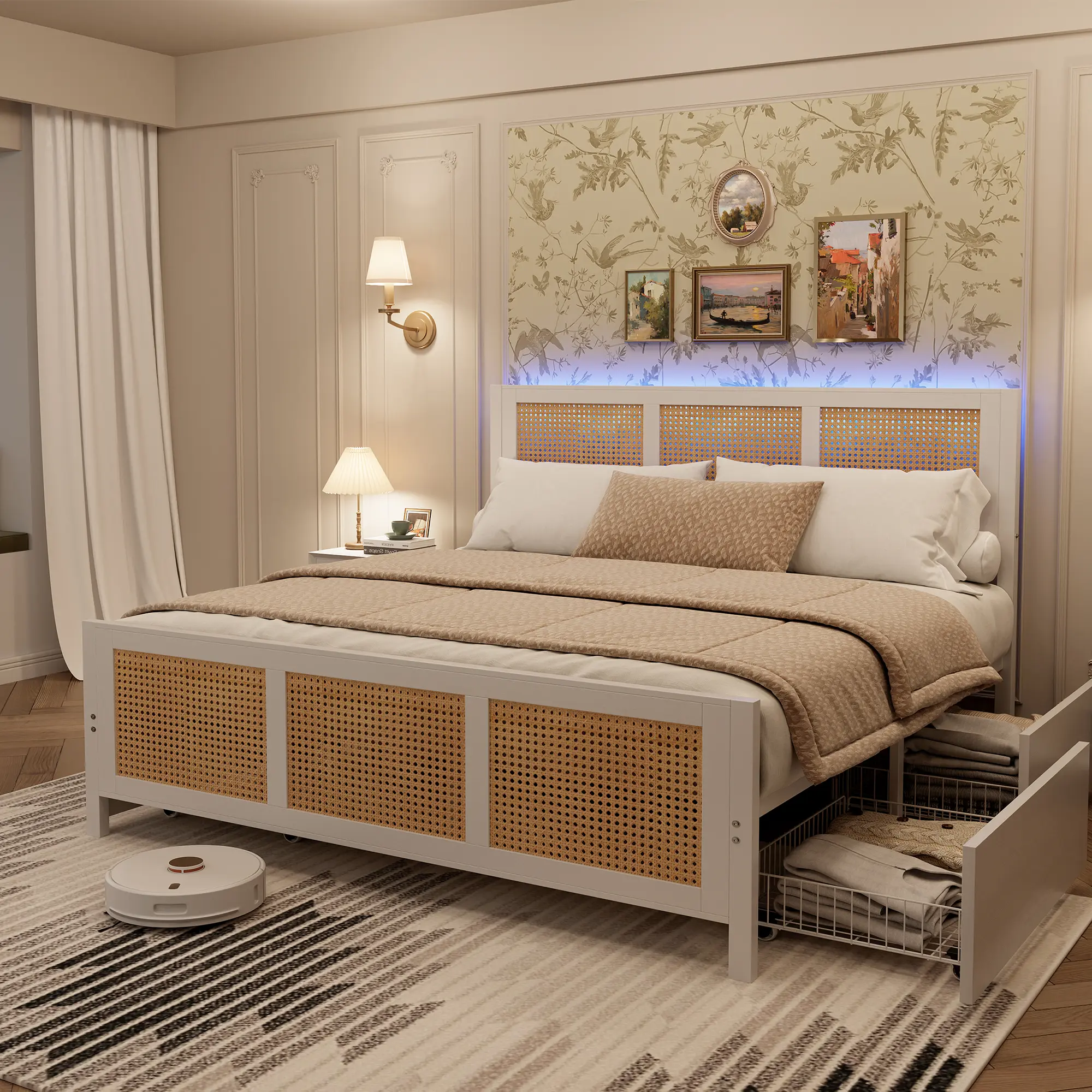Boho Charm Rattan Full Size Bed Frame - 7-Color LED Headboard, 4 Storage Drawers, Silent Sturdy Metal Slats, No Box Spring Needed, Quick Assembly Required, Rattan Panels, Bed Frame Storage Solutions, Led Light