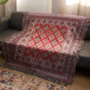 Red Geometry Pattern Bohemian Yarn Jacquard Woven with Tassel, Thick Soft Washable Cozy Throw Blanket, Used for Home Decor Sofa Chair Bed Tapestry Tablecloth Floor Garden Picnic Outdoor Camping Soft Warm Blanket