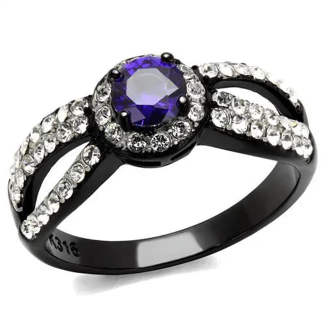 Women Two-Tone IP Black Stainless Steel Ring with AAA Grade CZ in Tanzanite - Size 6