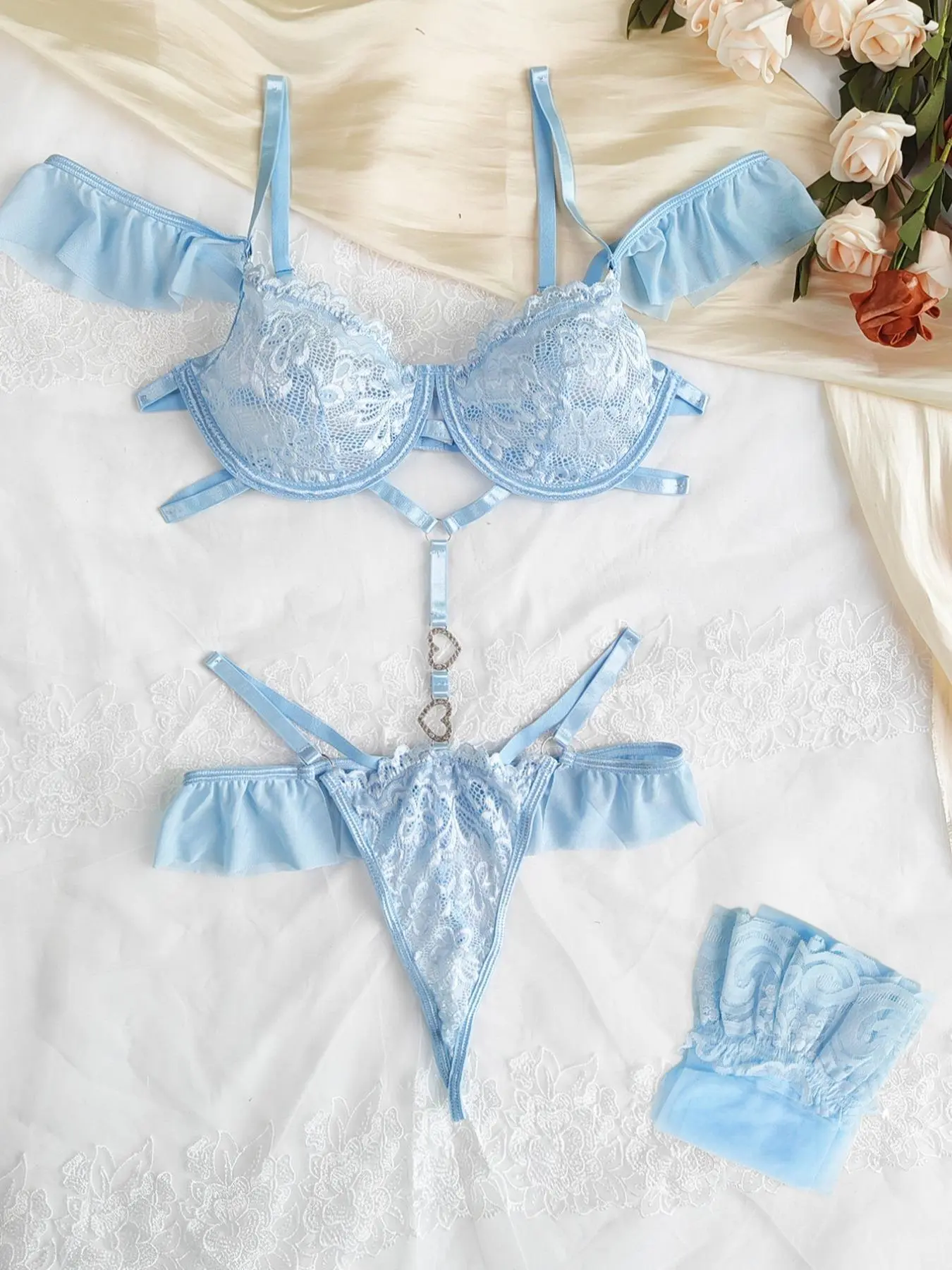 Women's Lace Sexy Elegant Lingerie Underwear Sets Three-piece Set, Solid  Color Push Up Bra & Thong & Stocking, Lingerie Set for Women - TikTok Shop