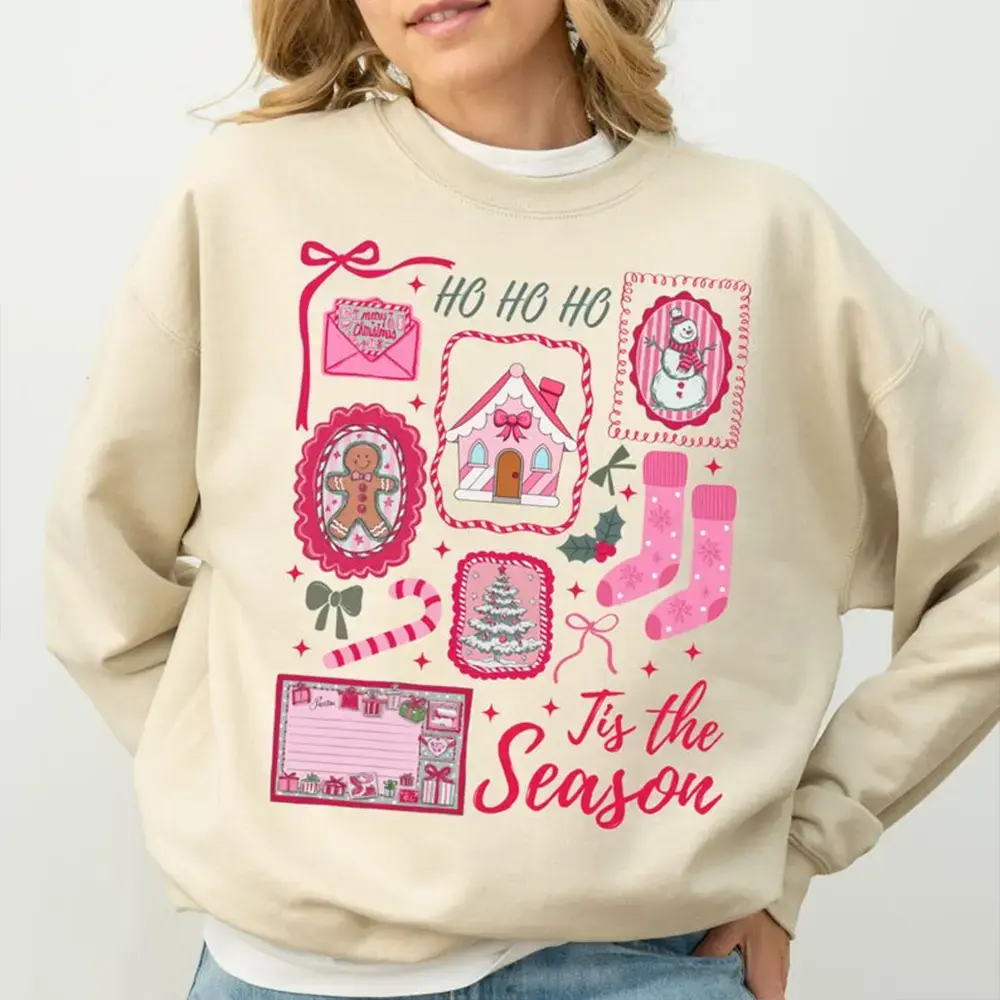 Pink Christmas Sweatshirt , Tis The Season Holiday Crewneck , Cute Girly Xmas Sweater, Candy Cane Bow Santa Pullover, Winter Outfit for Women - HUNTWEAR SHOP