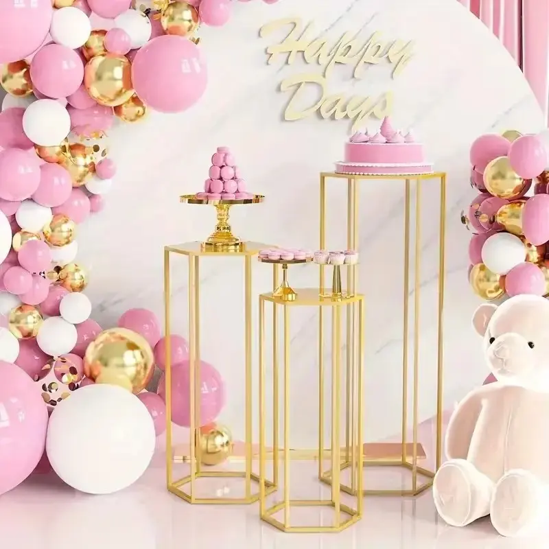 3Pcs Set Cylinder Stand Hexagon WHITE Pedestal Stand for Party , Metal Plant Stand Tall Cake Cylinder Pedestal Stand for Wedding Flower Vase Living Room Patio Decoration Local Warehouse, Halloween, Kitchen Accessories, Best for Christmas Assembly Required