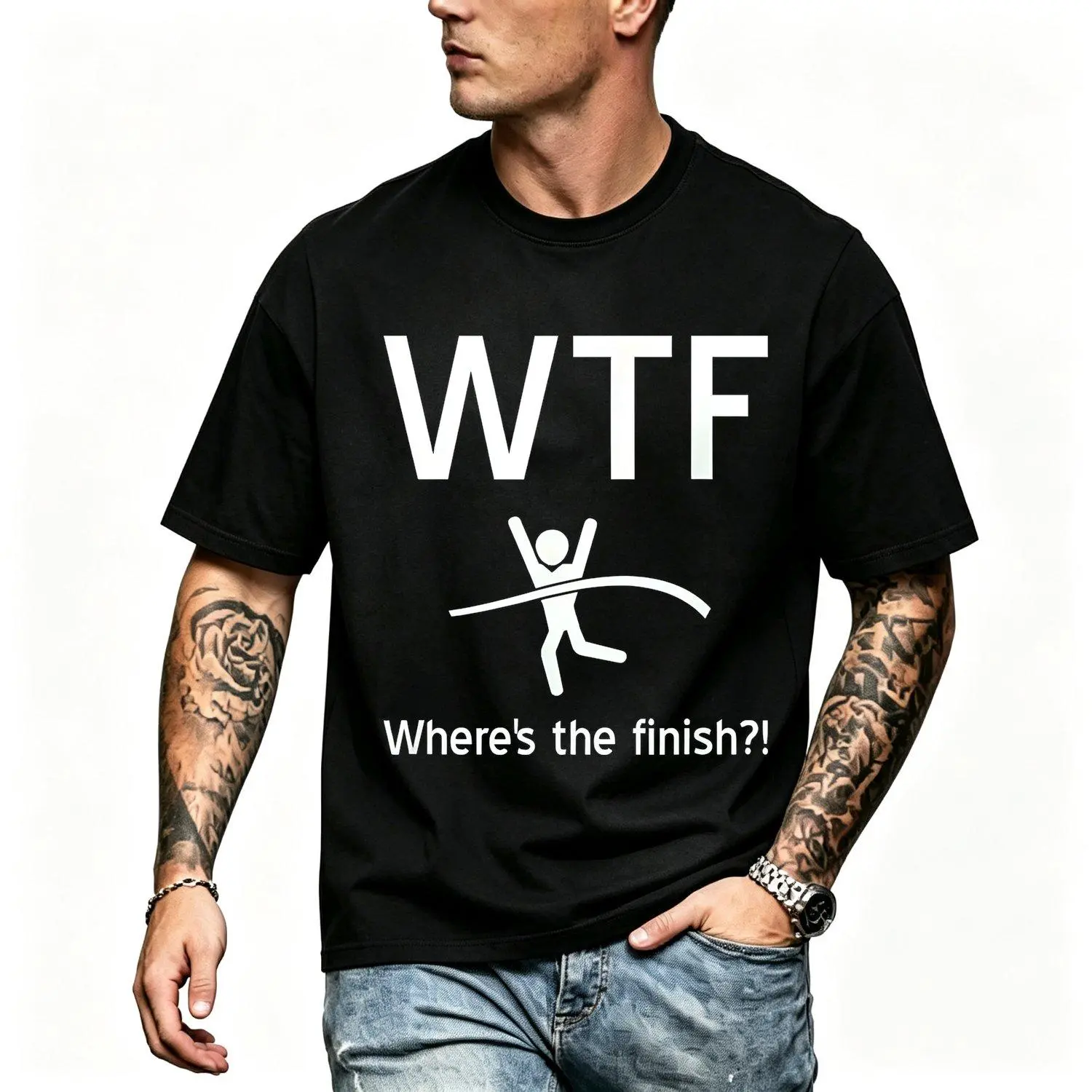 Men's Short Sleeve T-shirts Single-sided Printed Crew Neck WTF Where's The Finish Running Triathlon Marathon Sportswear Tops