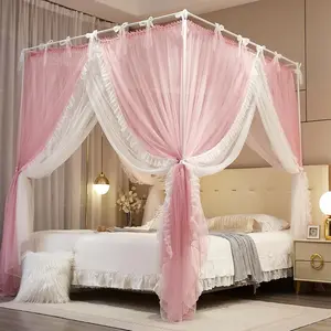 4 Corners Post Bed Lace Up Layer 4 Opening Net Mesh for Girls Bedroom Decoration(Pink/White, 64" W*82" L*82" H/Queen)