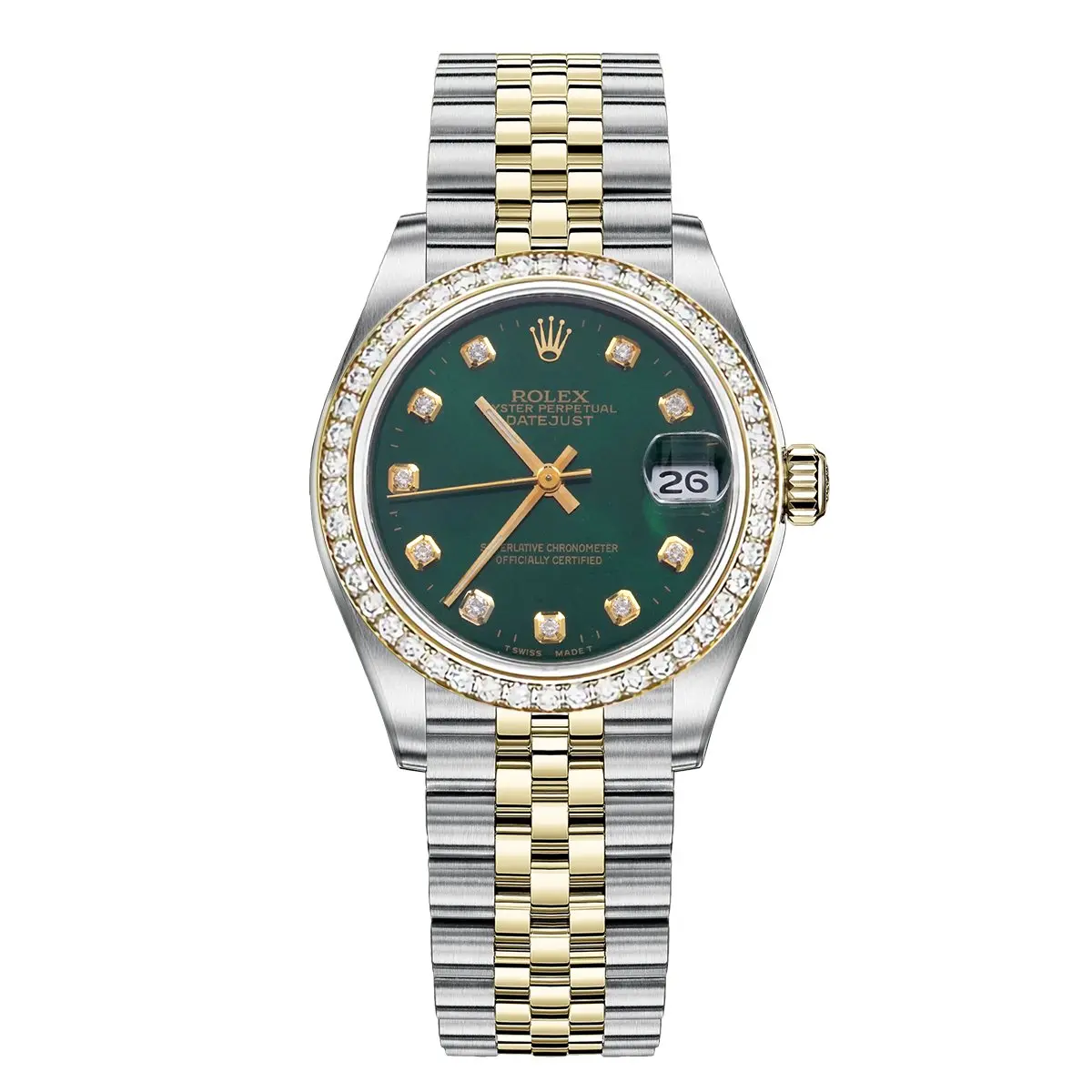 Rolex Datejust 31 Mid-Size Two-Tone 18K Gold & Steel Aftermarket Diamond Bezel & Green Diamond Dial WHP040323