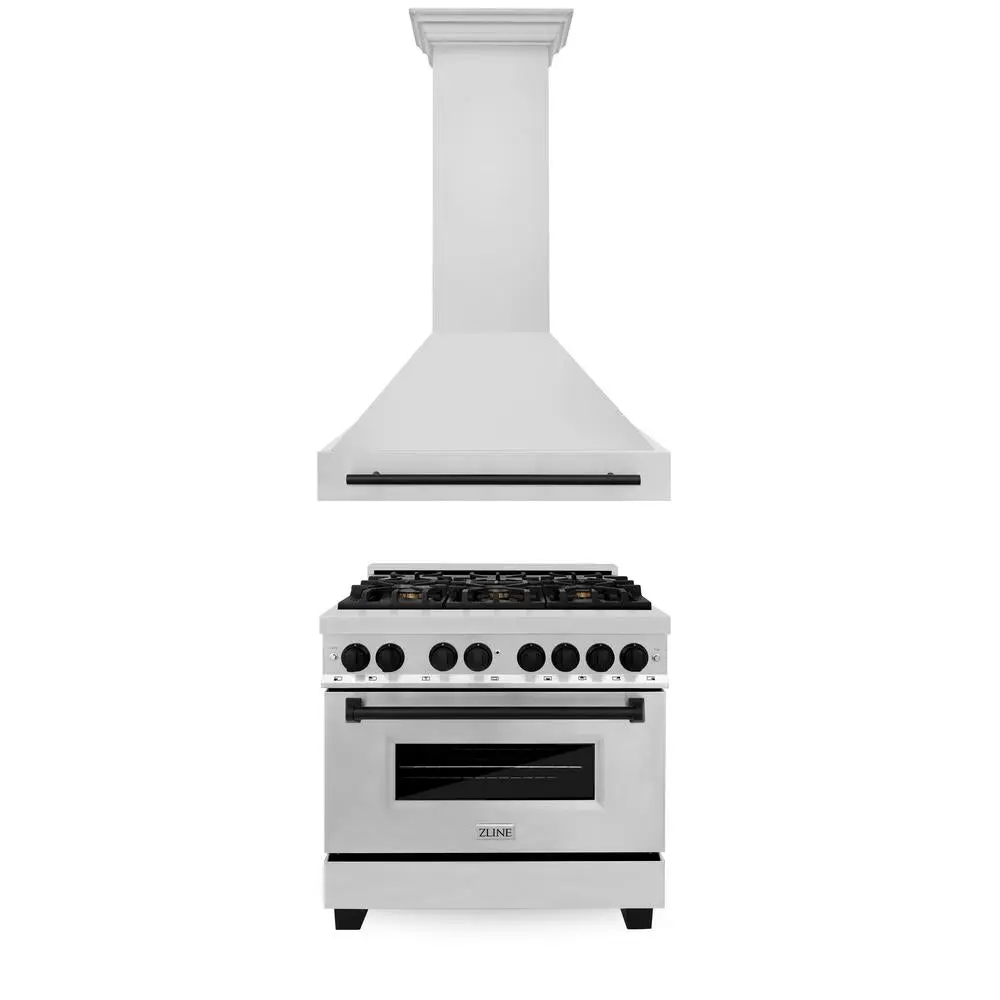 ZLINE Autograph Edition 36 in. Kitchen Package with Stainless Steel Dual Fuel Range and Range Hood with Matte Black Accents (2AKP-RARH36-MB)