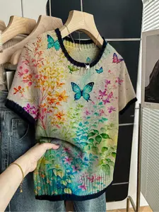 Butterfly Floral Print Round Neck Fitted Sweater, Casual Short Sleeve Knitwear for Spring Summer Fall, Comfortable Warm Women's Clothing