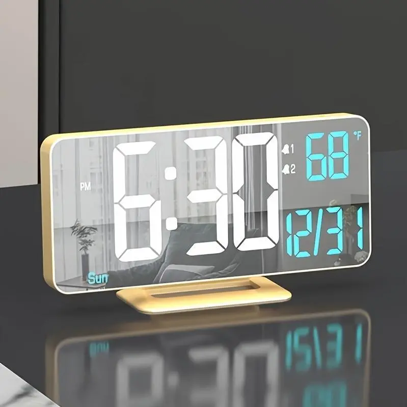 1pc Komugi Large 6.7" Golden Digital Alarm Clock with Dual Alarm, Dimmable LED Display, Temperature/Humidity-like (No Hygrometer), Date/Day of Week, USB-Powered Modern Desk Clock for Bedside, Living Room, Office - LCD Screen