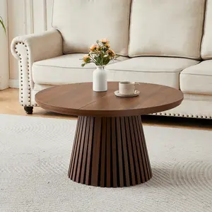 Wooden Round Wooden Coffee Table, Flexible and Extendable, Multi-functional and Space-saving, Fashionable Oval Design and Slatted Table Legs, Tea Table or Office Desk, Modern Living Room Center Table