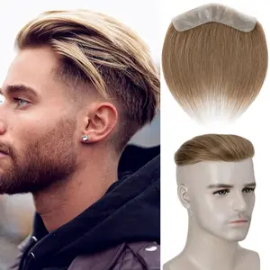 Snoilite Men Human Hair Hairline V Loop PU Skin Men  Front Straight Hair Topper With Bangs Natural Hairline 4x18cm Hair Replacement Glueless Frontal