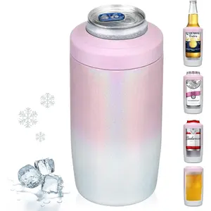AGS MAXSO Slim Can Cooler, 4-in-1 Double Walled Stainless Steel Insulated Beer Can Holder, Works With All 12 Oz Cans,Bottles & As A Pint Cups - Gradual Pink White