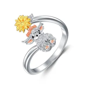 S925 sterling silver alpine cow sunflower open ring, the perfect summer jewelry gift, both for gift giving and for personal use Moissanite Sterling Silver Eternity Ring weddingring set