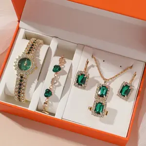 4Pcs Luxury Emerald Green Crystal Jewelry Set - Vintage Gold Rhinestone Quartz Watch, Halo Pendant Necklace, Drop Earrings & Heart Bracelet Gift for Women outdoorfun