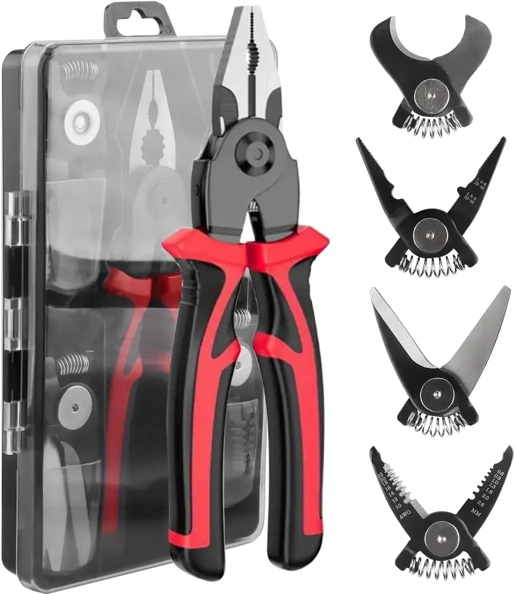 5-in-1 Multifunctional Interchangeable Pliers Set Wire Stripper Cable Crimping Pliers Lineman Pliers Cable Cutter Electrician Scissors Hand Tools Heavy Duty Hardware Industrial Portable