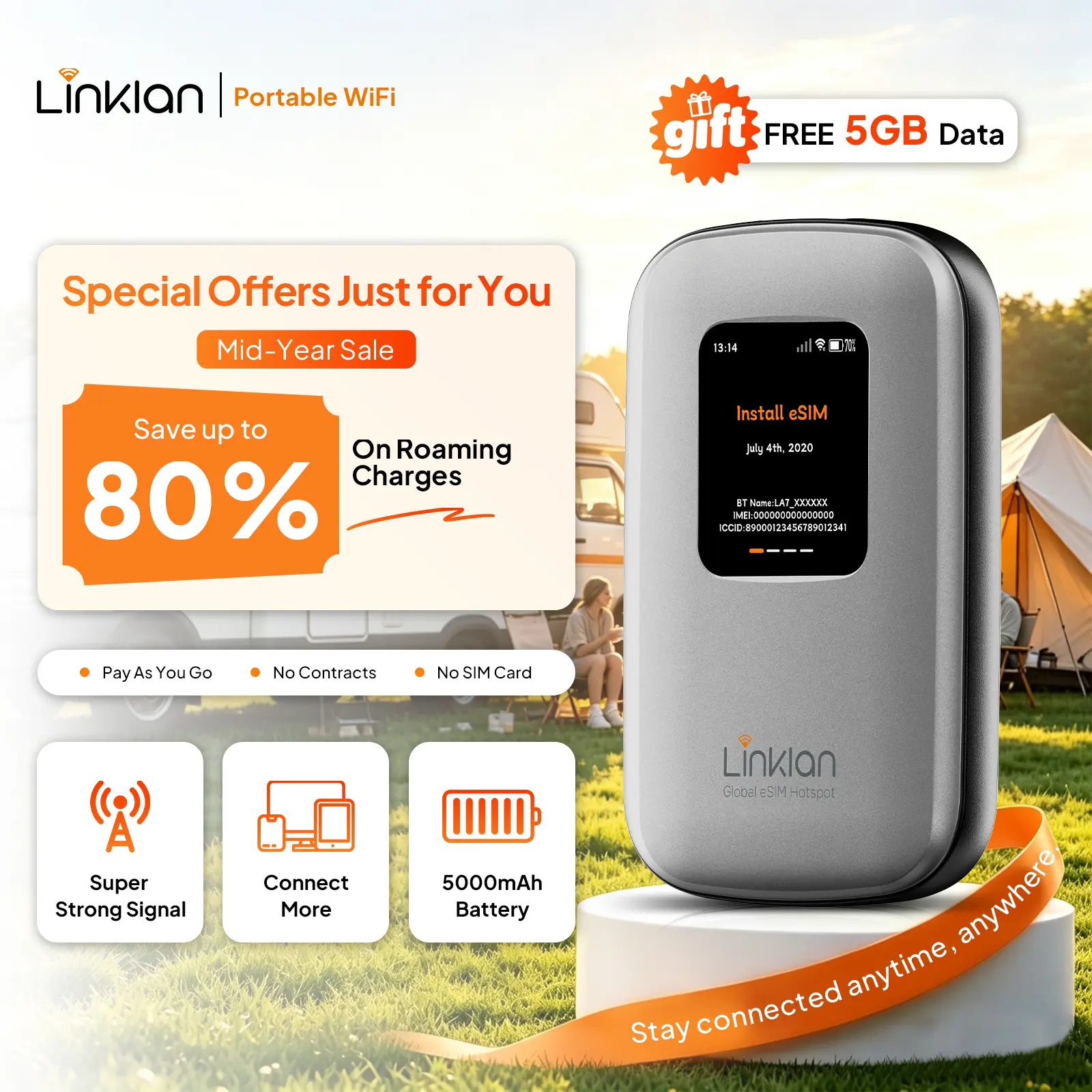 Linklan new‘s portable Wi-Fi hotspot—a high-speed 4G LTE mobile broadband router designed for travel and remote work. It features built-in global coverage with no SIM card required, providing portable connectivity ideal for cars and RVs.