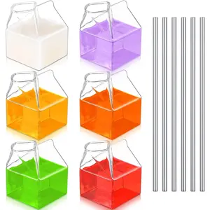 6 Pieces Clear Reusable Glass Milk Carton Container 12 oz Glass Milk Bottle with 6 Stainless Steel Straws Mini Creamer Pitcher Hand Blown Cup for Cocktail Juice Coffee Hot Water