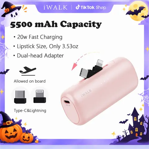iWALK LinkPod 5500mAh 2-in-1 Connector Rechargeable Tech Power Bank - 20W Speed Fast-Charging, Dual-Port Compatible, 2-Way Charge, USB Battery Adapter, Compact Smartphone Travel Gadget for iPhone & Android Usb Battery Operated Dual Port Compatible