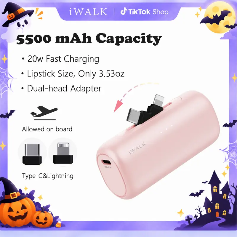 iWALK LinkPod 5500mAh 2-in-1 Connector Rechargeable Tech Power Bank - 20W Speed Fast-Charging, Dual-Port Compatible, 2-Way Charge, USB Battery Adapter, Compact Smartphone Travel Gadget for iPhone & Android Usb Battery Operated Dual Port Compatible