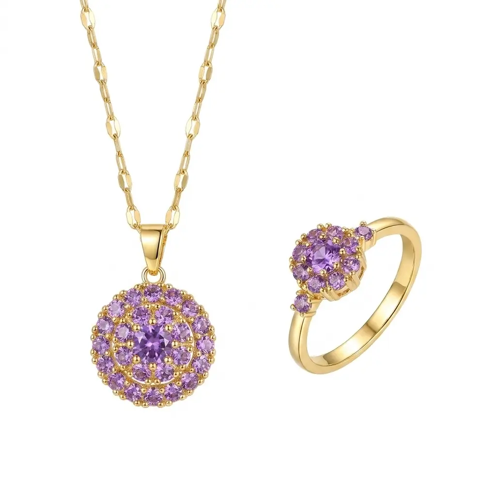 Rotating Natural Amethyst Jewelry Set| 18K Gold Plated 360° Spinner Necklace Earrings Ring, Stress Relief Fidget Jewelry for Daily Wear, Party & Gifting, Trendy Purple Crystal Stackable Set for Women, Hypoallergenic & Elegant