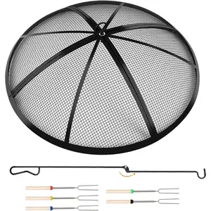 Fire Pit Spark Screen, 24 Inch Outdoor Fire Pit Screen with Foldable Hook and Marshmallow Sticks, Heavy Duty Steel Mesh Fire Pit Cover for Backyard, Beach, RV Camping