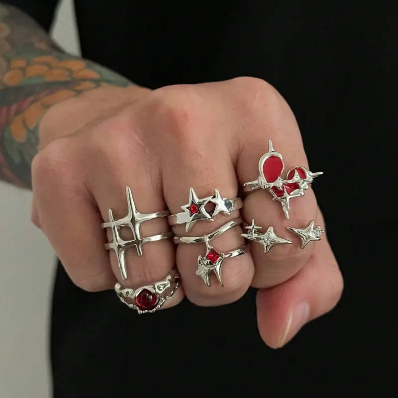 6-Piece Men's Punk Style Ring Set, Hollow Out Diamond Rings, Luxurious and Elegant, Perfect for Casual Streetwear, All Seasons, Statement Multi Ring, Stackable Finger Rings, Stackable Rings Set, Fashion Stackable Rings
