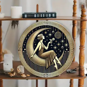 8x8 Inch Vintage Moon Lady Tin Sign - Round Metal Wall Art with Elegant Crescent Moon & Stars Design, Perfect for Home, Cafe, or Bar Decor |   Unique Retro Gift Idea, Moon Decor, 2D Flat, Perfect for Room Decor