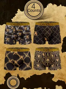 4 pcs Luxury black gold printed mid waist flat angle underwear, Soft, breathable - elastic sports shorts, Suitable for daily wear and running exercise. men shorts, Suitable for participating in various activities, Men's four cornered underwear.