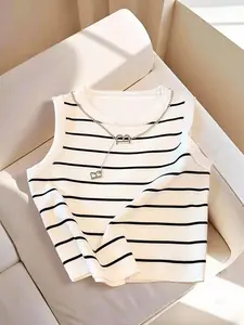 Women's New Sexy High Waist Crop Top, Short, Striped Fitted Tank Top, Vest, Round Neck, Comfortable Breathable Soft Fabric, Casual Daily Wear, Party