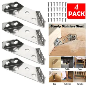 4Pcs Universal Stainless Steel Furniture Corner Connectors with Screws Heavy Duty Triangular Support Brackets for Wood Furniture, Drawers, Cabinets, Tables, and Chairs